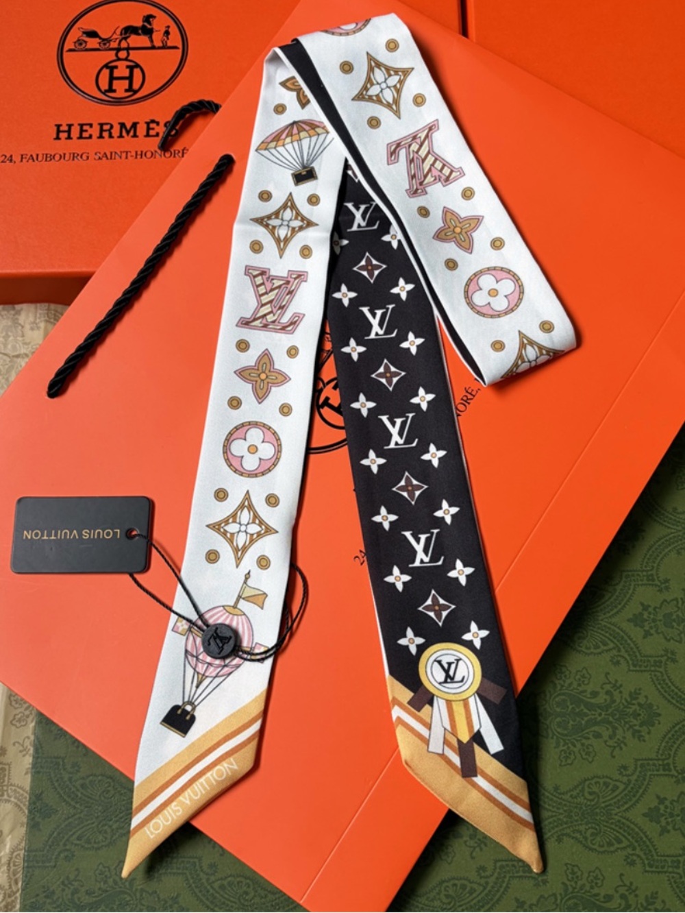 🟫 Louis. Vuitton. The Cloud Pop Hot Air Balloon Monogram Logo Silk Scarf